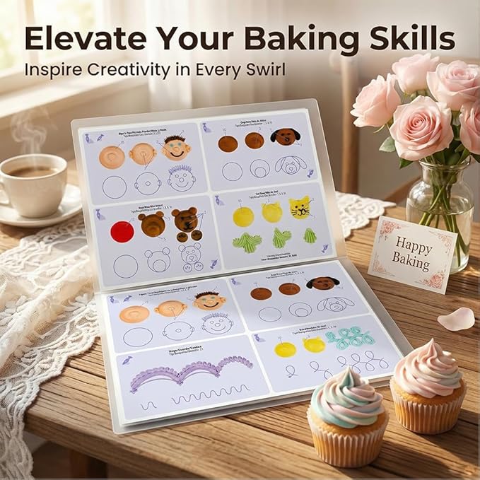 Cake Practice Decorating Board Set with Protector Reusable Wipeable, MDTARVF 23 Sheets Icing Piping Nozzles Practice Drawings Cake Decorating Kit Supplies
