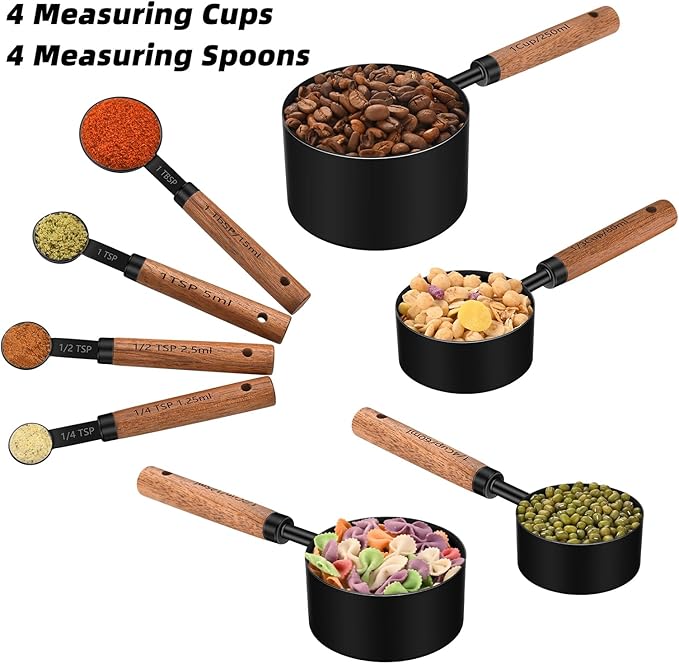 Wooden Handle Measuring Cups & Spoons Set 8-Piece – Stainless Steel, Stackable, Rustic Farmhouse Kitchen Gadgets, Non-Toxic, Dishwasher Safe, Gift for Bakers & New Homeowners