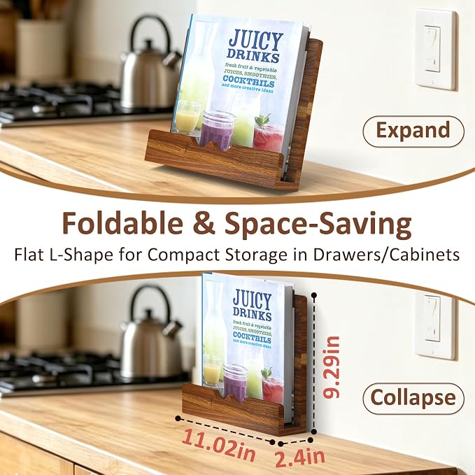 Acacia Wood Cookbook Stand Sturdy Recipe Book Holder for Kitchen Counter, Solid Wood Cook Book Stand for Thick Cookbooks, iPad & Tablets