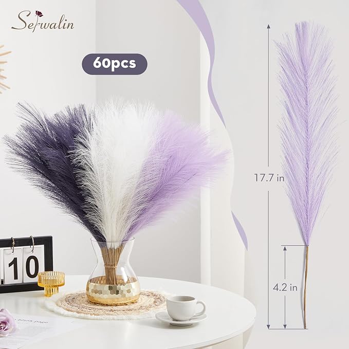 Serwalin 𝟲𝟬𝗽𝗰𝘀 Pampas Grass Decor, 𝟭𝟳.𝟳𝗜𝗻𝗰𝗵 Pampas Grass Home Decor, Faux Pampas Grass Boho Decor, Purple DIY Artificial Plants Fluffy, Pampas Decoration Vase Filler, Table Centerpieces