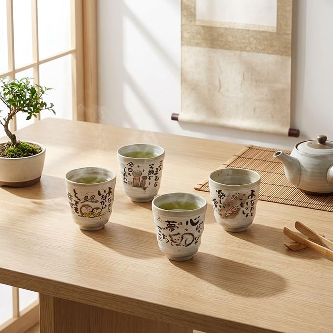 Mino Ware Japanese Tea Cups, Japanese Pottery Yunomi, Cat Tea Cup, 6.8 floz Set of 2