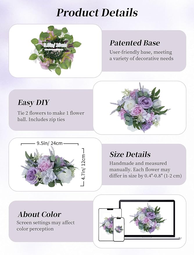 BLOSMON Purple Flowers Artificial for Decoration: 10 Pieces 9.5 Inch Fake Flower Ball Centerpieces for Wedding Tables - Lilac White Rose Lavender Fake Silk Kissing Floral Arrangements