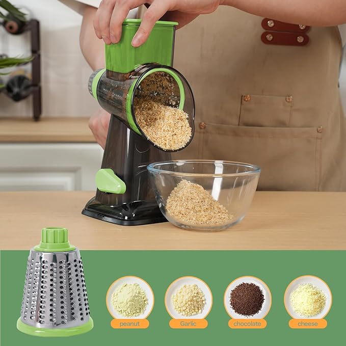 Rotary Cheese Grater with Handle-Versatile Cheese Grater Non-Slip Suction Base,Cheese Shredder & Food Slicer for Cheese,Carrots, Cucumbers,Nuts-Compact & Easy Clean Kitchen Kitchen Tool (Green)