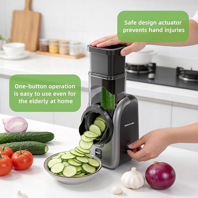 Electric Cheese Grater and Vegetable Slicer, 4 in 1 Salad Maker with Stainless Steel Blades, One-Touch Control Multifunctional Rotary Cutter for Potatoes Carrots Cucumbers Fruits Salad etc.