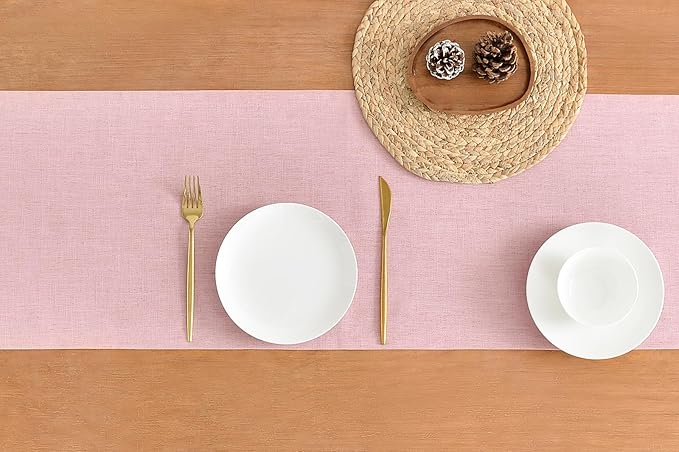 Wracra Linen Style Table Runner, Rustic Farmhouse Pink Table Runners 48 Inches Long, Handcrafted Table Runner for Fall, Winter - Everyday Use and Machine Washable