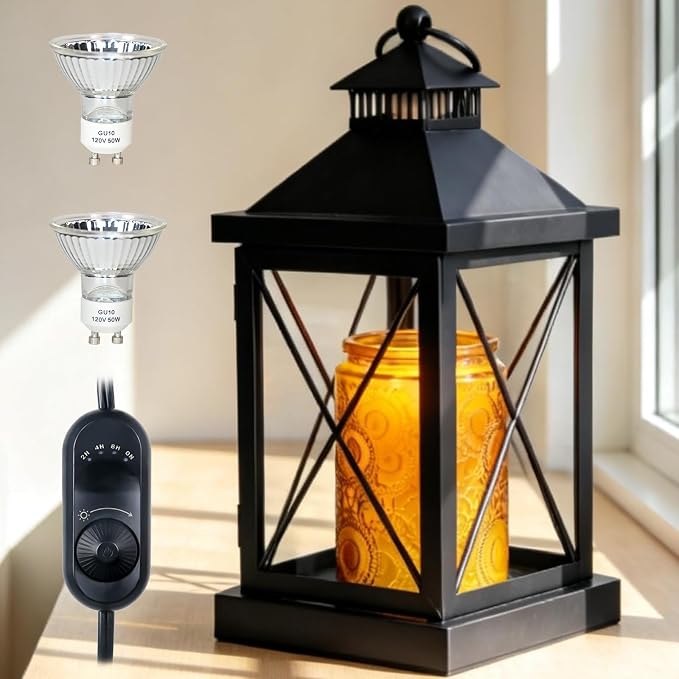 Candle Warmer Lamp with Timer, Dimmable Candle Lamp, Compatible with 3 Wick Candles, Vintage Lamp Candle Warmer for Bedroom Home Living Room Decor, Wax Melt Warmer with 2 Bulbs (Black)