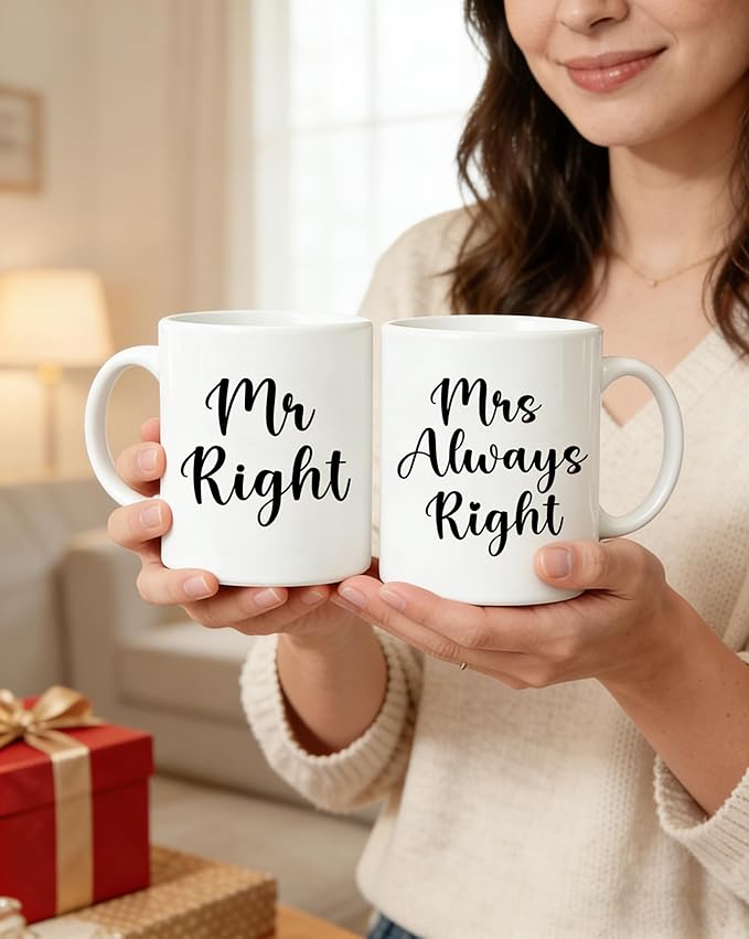 Mr Right Mrs Always Right Coffee Mug Set, Gifts Ideas for Couples, Wedding Anniversary, Engagement, His & Hers, Bride and Groom, Parents, Newlyweds Bridal Shower, 11Oz Ceramic