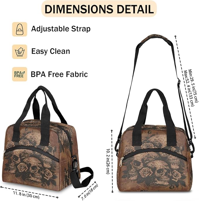 Pardick Skull Skeleton Vintage Insulated Lunch Bag for Women Girl Reusable Lunch Tote Box With Shoulder Strap Lightweight Thermal Cooler Meal Prep Bag for Work School Office Picnic