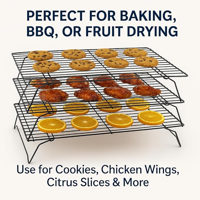 3 Tier Stackable Cooling Rack for Baking – 15.75" x 10" Carbon Steel Wire Cookie Cooling Racks, Multi-Level Stackable Cookie Rack for Cakes, Pastries & Fruit – Collapsible & Dishwasher Safe