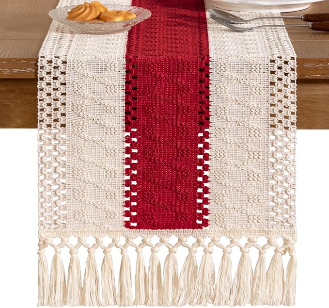 Socomi Boho Table Runner Summer Farmhouse Rustic Dining Kitchen Centerpiece Decor Small Macrame Woven Cotton Linen Coffee Table Runner for Dresser Scarf Home Decor 12x60 in Red Ivory