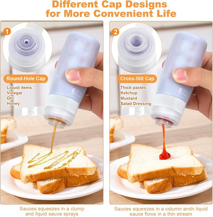 Seropy Condiment Squeeze Bottles for Sauces, Salad Dressing Container to Go, Small Silicone Squeeze Bottles, Condiment Containers Dispenser for Ketchup Hot Sauce, Purple/Beige/Blue/Gray 3 Oz