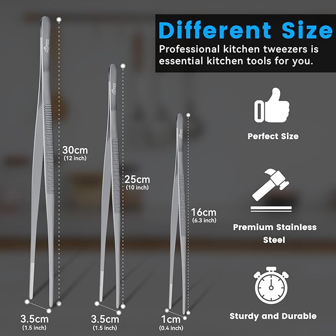 HOTEC Kitchen Tweezers Tongs Stainless Steel Professional Chef Tweezers, Set of 3-6.3", 10" and 12inch Food Tongs for Cooking, Repairing, Dessert, BBQ, Meat, Pasta, Silver