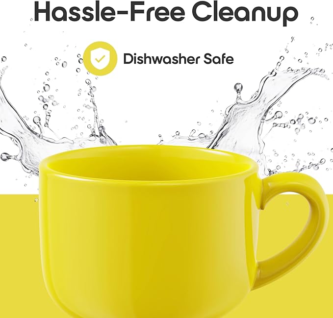 Omniware Teaz Cafe 24oz Jumbo Mug, Set of 4 - Rustic Stoneware, Oversized Handle, Dishwasher Safe, Lead-Free Glaze - Vintage-Inspired Farmhouse Cup for Coffee, Tea, Soup (Yellow)