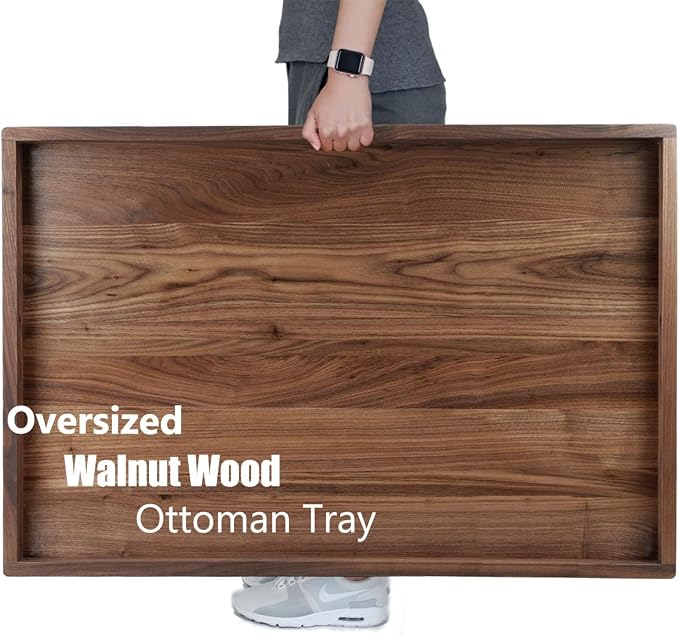 36 x 24 Inches Extra Large Rectangle Black Walnut Wood Ottoman Tray with Handles, Serve Tea, Coffee Classic Wooden Decorative Serving Tray