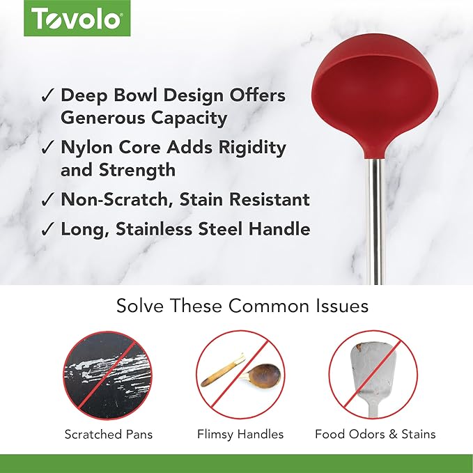 Tovolo Silicone Ladle With Stainless Steel Handle Deep Soup Ladle for Cooking Canning Serving Soup Punch Stew Sauce, Large Kitchen Utensil Spoon Dishwasher Safe BPA Free Silicone Cayenne Red