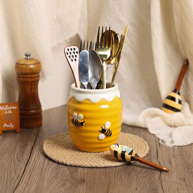 Utensil Holder, Honey Pot Caddy Cutlery Holder Silverware, Ceramic Utensils Organizer Elegant , Spoon Holder for Kitchen Table