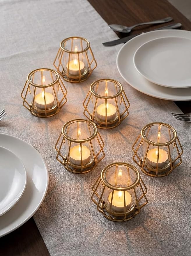 Geometric Tea Light Candle Holders - Wedding Centerpiece for Tables Morden Metal Votive Tealight Candles Stand with Glasses Coffee Home Room Decor Wedding Party Birthday Decoration, Gold 12 pcs
