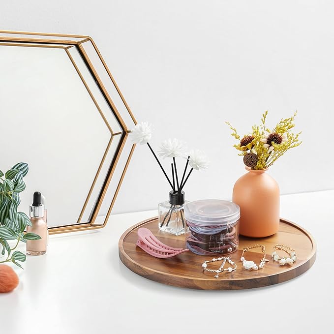 12 Inch Acacia Wood Round Tray, Wooden Decorative Serving Coffee Table Tray Centerpiece Candle Holder for Farmhouse Kitchen Dining Room Home Decor Coffee Table Decor and Accessories