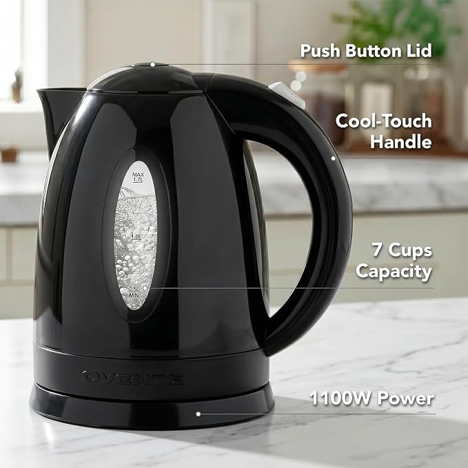 OVENTE Electric Kettle, 1.7L Fast Boiling Water Heater for Coffee or Tea, BPA Free with Water Level Gauge, Auto Shut-Off, Boil-Dry Protection, Indicator Light and Removable Filter, Black KP72B