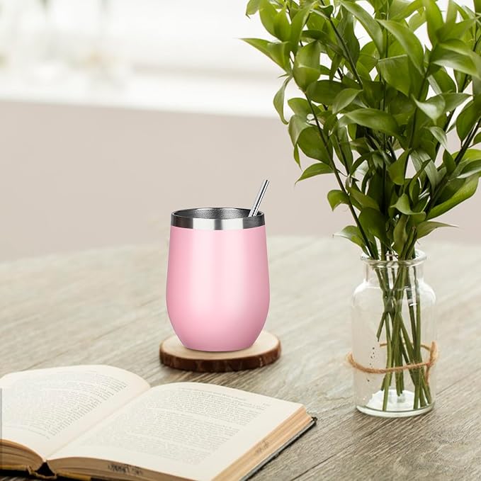 MEZMUT 12 Oz Insulated Wine Tumbler with Lid Double Wall Vacuum Stainless Steel Wine Glass Coffee Mug Insulated Tumbler Cup for Champaign, Cocktail, Beer (Pink, 4 Pack)