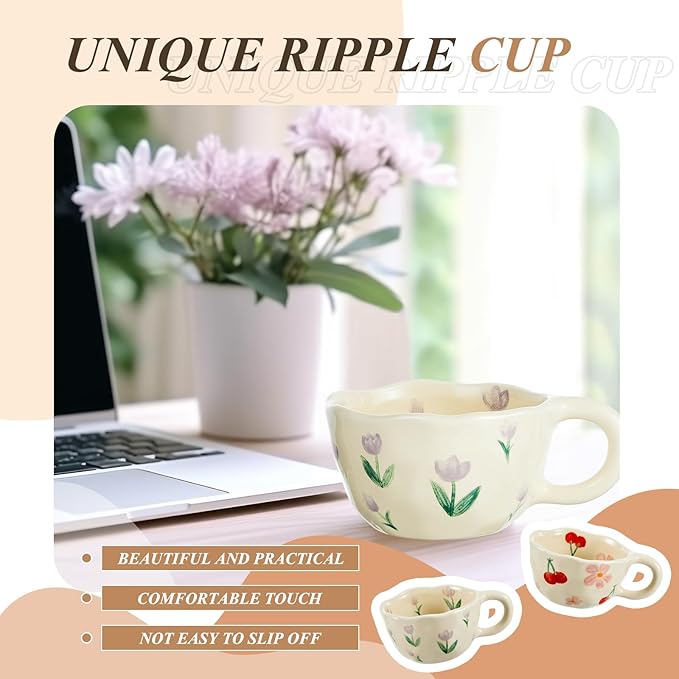 Vesici 2 Pcs Ceramic Coffee Mugs with Spoon, Vintage Floral Spring Mugs with Handle, 8.5 oz Aesthetic Flower Porcelain Tea Cup Set, Dishwasher & Microwave Safe Mothers Day Gifts for Mom(Cute)