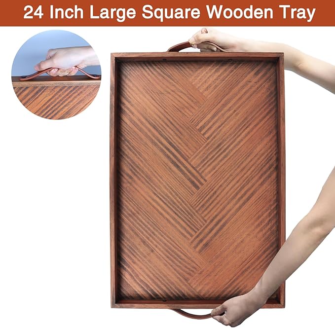SXNOWS Large Ottoman Wooden Trays, Wood Serving Tray with Handles, Large Ottoman Tray, Wooden Serving Trays for Coffee Tables, Living Rooms and Kitchens, 24 x 16 inch