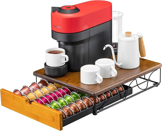 Vertuo Capsule Holder Drawer for Nespresso With Elegant Wood Top (50 Pods)
