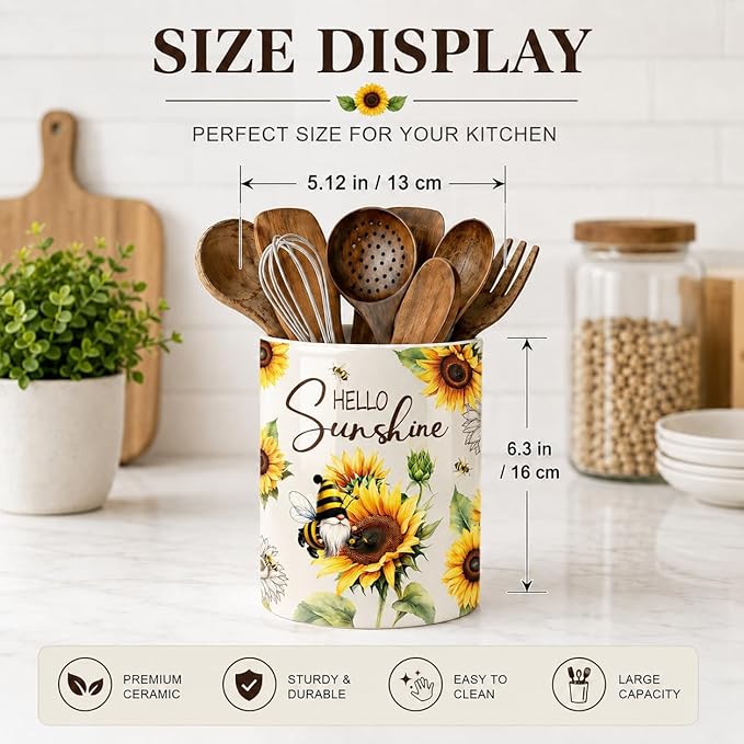 Bee Gnome Utensil Holder, Ceramic Kitchen Utensil Holder, Utensil Crock for Home Kitchen Countertop Storage Organizer Container, Large Holder for Spatulas, Spoons, Kitchen Counter Decor, 6"