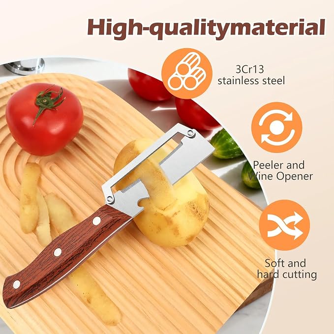 Roselli Wooden-Handled Stainless Steel Shredder And Peeler, Multifunctional Vegetable Peeler, Suitable For Kitchens, Camping, And Travel (2 Peelers)
