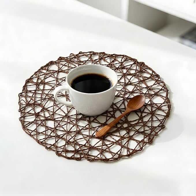 comfoyar Round Paper Braided Placemats Set of 6, 13 Inch Non-Slip Dark Brown Hand Woven Place Mats, Natural Table Mats for Indoor Outdoor Kitchen Dining Party Table Decoration