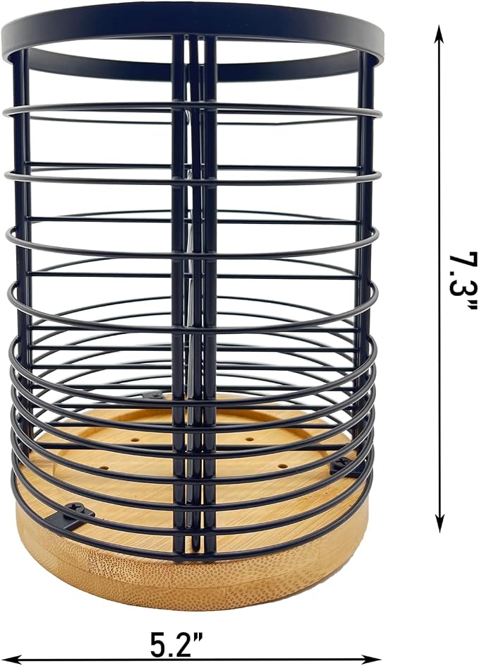 7.2“ Kitchen Utensil Holder with Removable Dividers, Large Countertop Organizer for Cooking Tools, 4 Partitions Mesh Utensil Holder with Bamboo Base ,Matte Black
