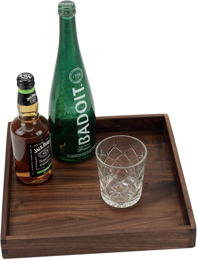 Set of 3 Large Square Solid Black Walnut Wood Ottoman Tray with Handles, Serve Tea, Coffee, Classic Wooden Decorative Serving Tray, 16+14+12