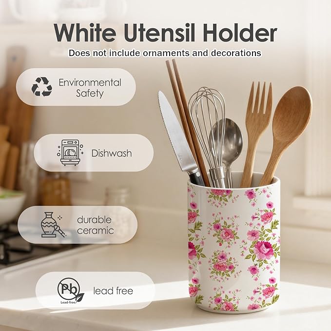 Utensil Holder,Pink Countertop Ceramic Utensil Holder,Large Cooking Utensil Crocks for Kitchen Counter Decor,Morden Utensil Organizer,Ceramic Vase for Kitchen Utensils, H6.3 xD4.7(Pink)