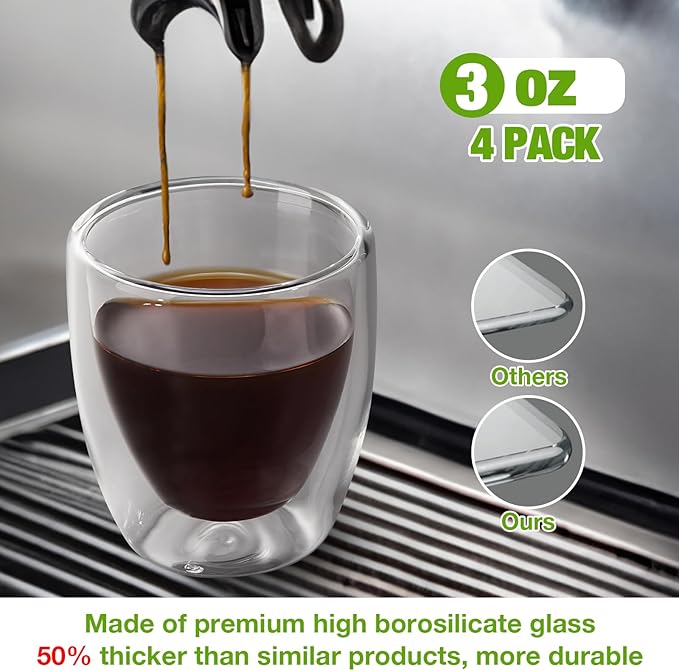 Gencywe Double Walled Espresso Cups Set of 4 (50% Thicker), 3 Ounce Clear Expresso Coffee Mugs, Espresso Shot Glasses, Double Wall Insulated Espresso Cups Suit for Espresso Machine, Microwave Safe