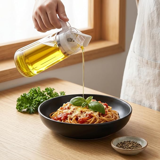 Marbrasse Oil Dispenser for Kitchen,20 OZ /600ml Leakproof Glass Oil Bottle with Auto Flip Cap,Olive Oil Container for Kitchen Cooking (White)