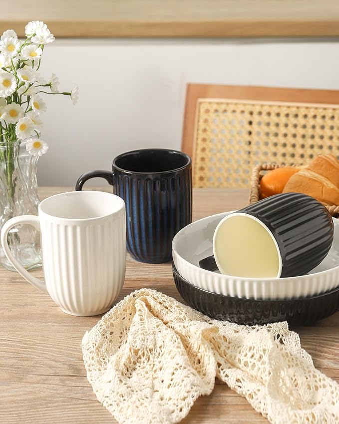 HASENSE Textured Coffee Mugs Set of 4, 16 Oz Ribbed Ceramic Cups with Large Handle for Latte Tea Cappuccino, Stackable Embossed Mug Set for Mom Dad, Microwave Dishwasher Safe, Creamy White