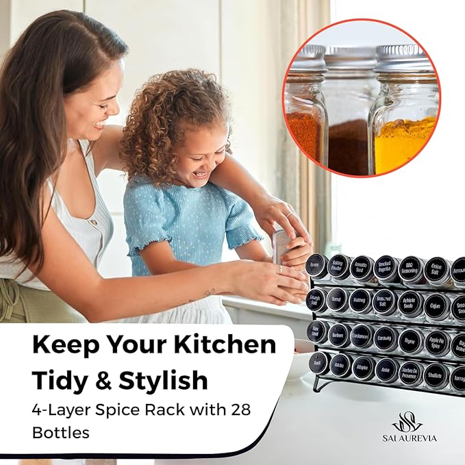 28-Jar Spice Rack Organizer with 4-Tier Metal Stand | Complete Set with Glass Jars, Labels & Funnel | Space-Saving Kitchen Spice Storage (Wall or Countertop Mount)