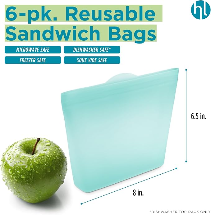 Home Logic Reusable Sandwich Bags - Set of 6 Pool Blue Silicone Freezer Bags, Airtight Leak Resistant Reusable Zip Bags for Kitchen Home Food Prep, Microwave & Sous Vide Safe