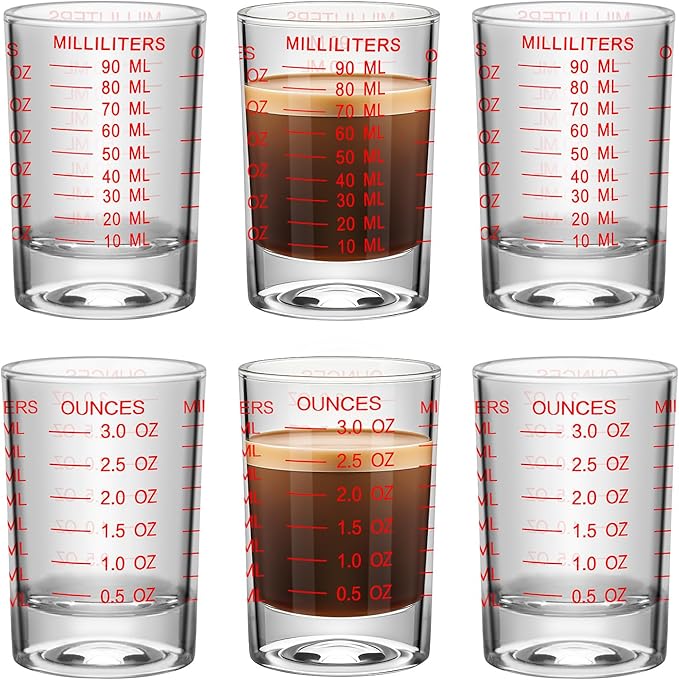 6Pcs Shot Glass Measuring Cup 3 Ounce/90ML Liquid Heavy High Espresso Glass Cup Black Line Espresso Shot Glasses with Measurement (6, Red scale)