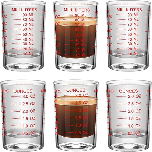 6Pcs Shot Glass Measuring Cup 3 Ounce/90ML Liquid Heavy High Espresso Glass Cup Black Line Espresso Shot Glasses with Measurement (6, Red scale)
