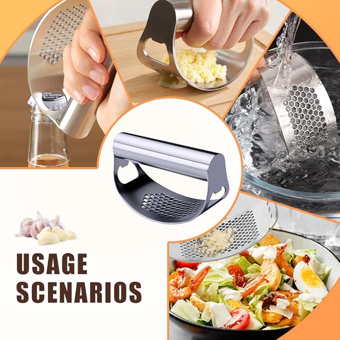 Stainless Steel Garlic Press Rocker, 2025 Upgrade Mincer and Chopper with Garlic Peeler & Clean Brush, Portable Garlic Press Rocker Tool for Smashing Garlic Kitchen Utensils Gadget (2PCS)