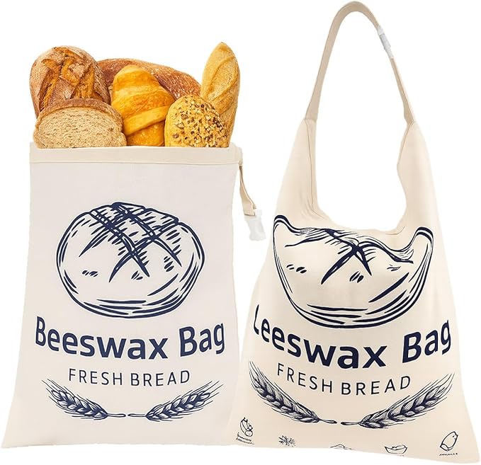 Reusable Bread Bags with Waxed Cotton Lining & Waterproof TPU Options – Linen Exterior with Patterns,Eco-Friendly Food Storage Tote for Homemade Bread, Baguette, Pastries-Zip+Beeswax+Mode3-2Pack