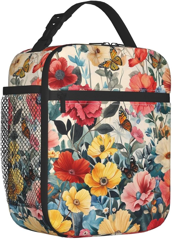 Floral Lunch Box for Adults Women Girls Boys Kids Butterfly Flower Lunch Box Insulated Cooler Reusable Lunch Bag Container Gifts for Work Office Picnic Travel School