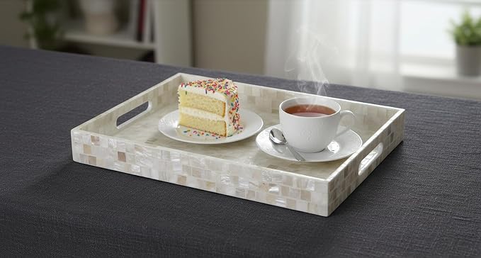 PEMAR Rectangular Mother of Pearl Serving Tray Nacre Wood Lap Ottoman Tray for Coffee Table, Luxury Decorative Handmade Eating Platters w Insert Handles (White Cream)
