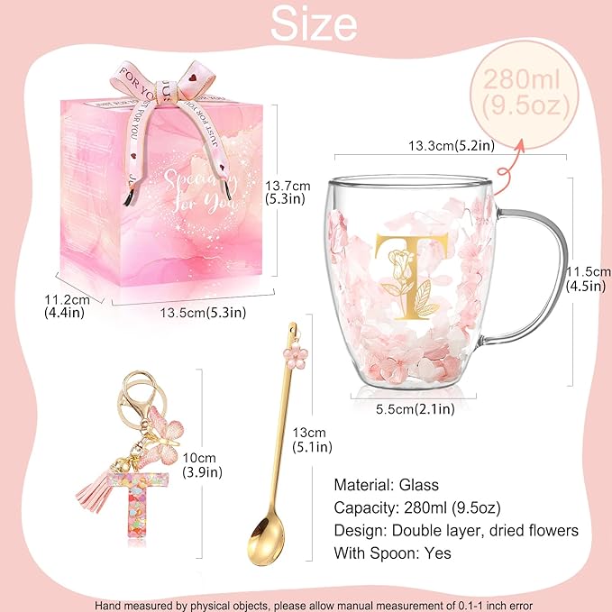 Personalized Gifts for Women Flower Glass Coffee Mug Initial Tea Cup Monogrammed Customized Bridesmaid Bride Wedding Gifts Graduation Gifts Valentine Mother's Day Birthday Christmas Gift (T)