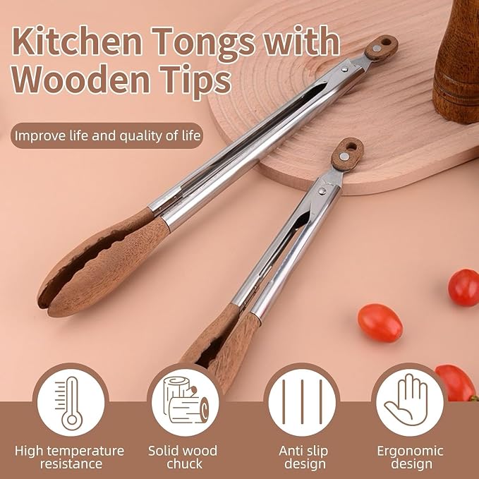 Walnut Wooden Kitchen Cooking Tongs with Hanging Hole and Wooden Tips, Heat Resistant, Anti-Slip, for Serving Food, Grilling, Cooking, BBQ and Tossing Salad, Stainless Steel, 12 Inch