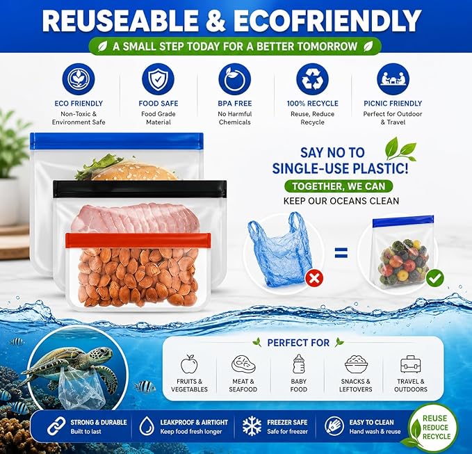 24-Pack Reusable Silicone Food Storage Bags, Leakproof Ziplock Set | Includes 8 Small, 8 Medium & 8 Large | Freezer-Safe & Eco-Friendly for Kitchen, Meal Prep & Travel
