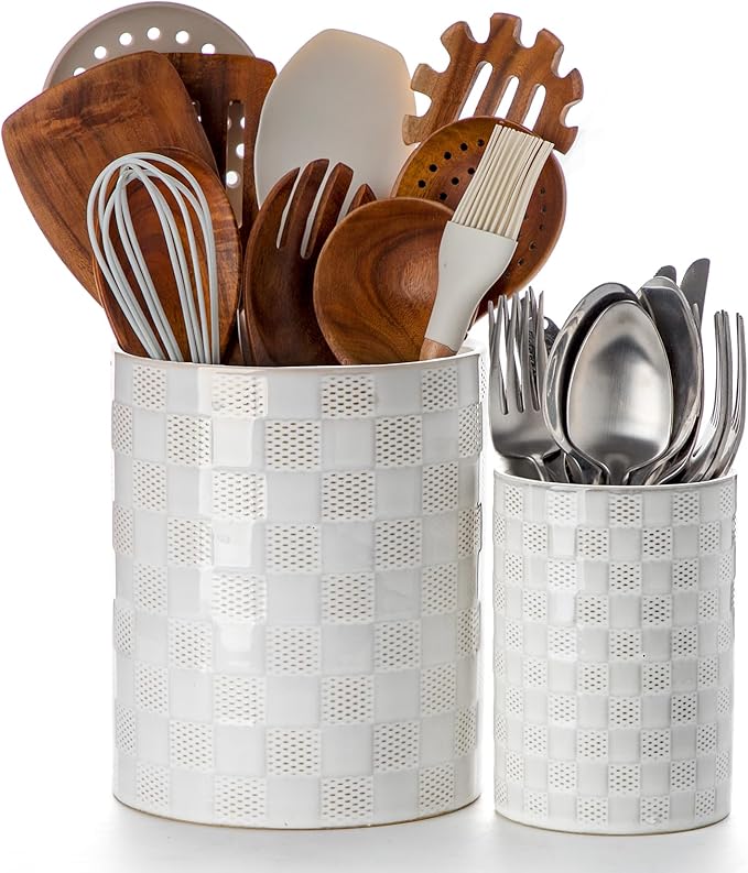 Nucookery Utensil Holder for Kitchen Counter, White Large Stable Ceramic Cooking Utensil Crock for Countertop Organizer, Farmhouse Decor, Set of 2, 7.1"&5.4", Christmas Thanksgiving Gift, Checkered