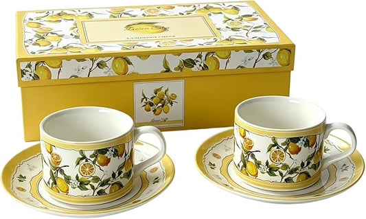 Espresso Cups and Saucers Set of 2, 4 oz Ceramic Small Coffee Mug with Handle,Green Gold Festive Tree Pattern for Tea, Latte, Cafe, Microwave & Dishwasher Safe, Decorative Holiday Gift Box (Lemon)