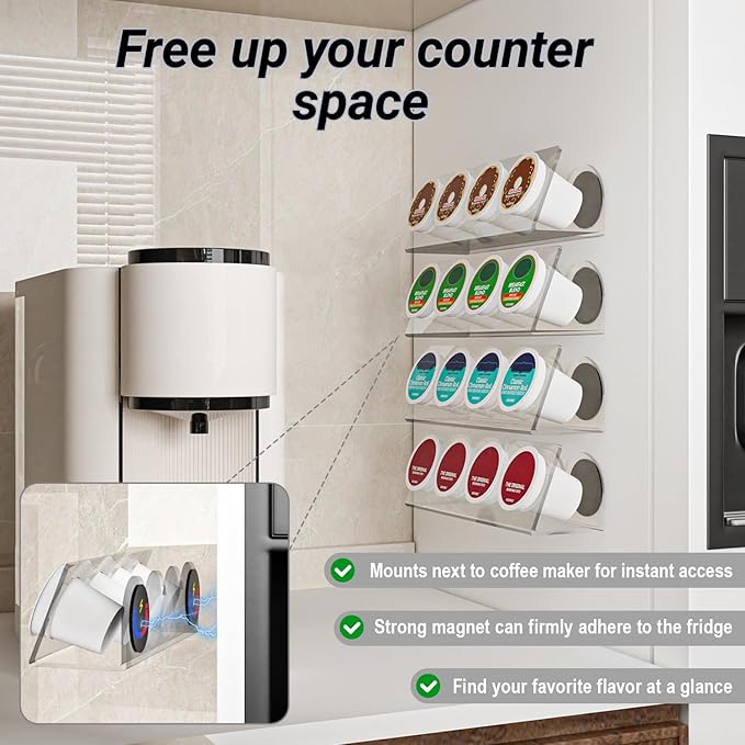 4 Pack Small Acrylic K Cup Holder, Sticky Adhesive & Magnetic Coffee Pod Organizer, Reusable K Cup Stand for Cabinet Door, Fridge, Kitchen, Holds 16 K-Cups - Clear